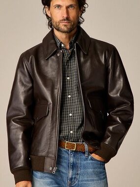 J. Crew Flight Jacket Italian Leather Bomber Jacket Dark Brown Size S